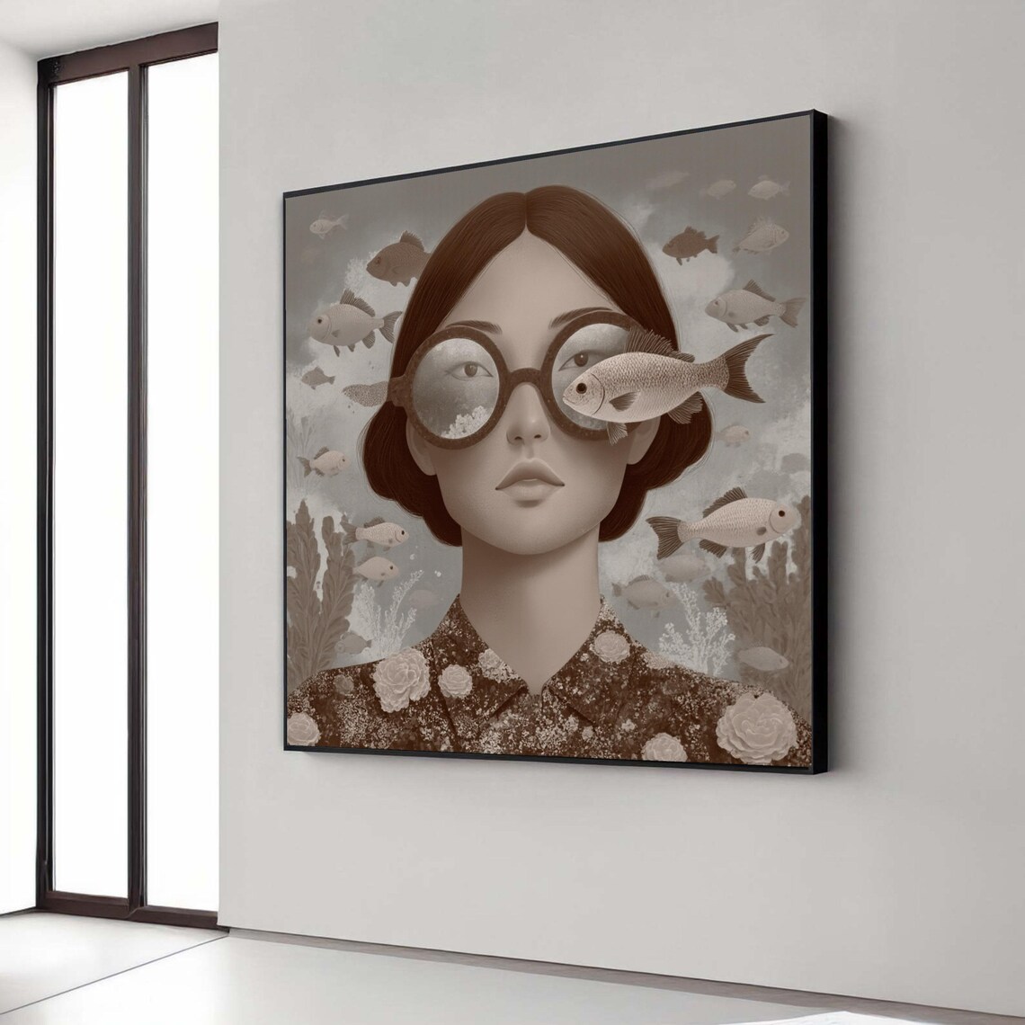 Surreal Underwater Woman With Fish Glasses Sepia Portrait Poster