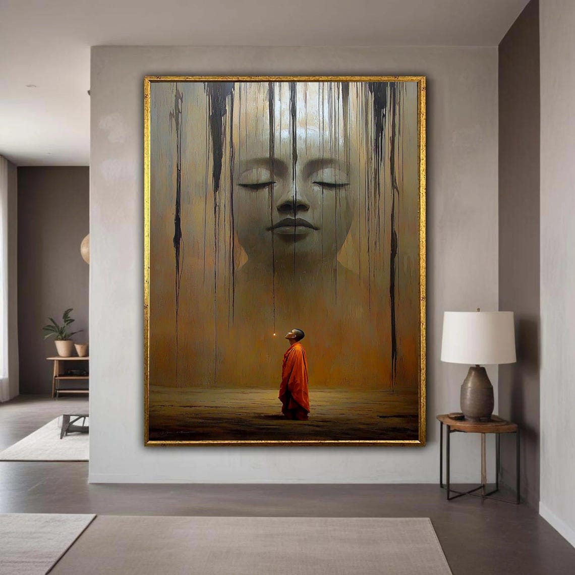 Surreal Buddha And Monk Canvas Print Giant Serene Face Spiritual Art Contemplative Journey Wall Decor Dramatic Earthy Tones Artwork