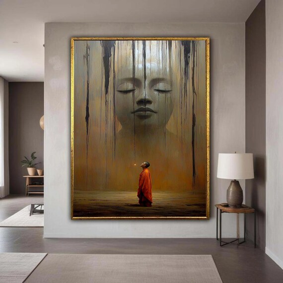 Surreal Buddha And Monk Canvas Print Giant Serene Face Spiritual Art Contemplative Journey Wall Decor Dramatic Earthy Tones Artwork