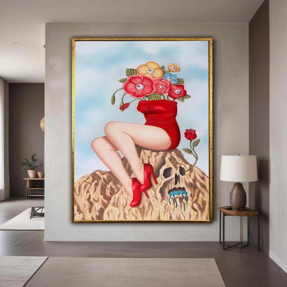 Surreal Floral Canvas Woman Legs Sitting On Skull Art Red Dress And Heels Wall Decoration Modern Abstract Gift Home Decor