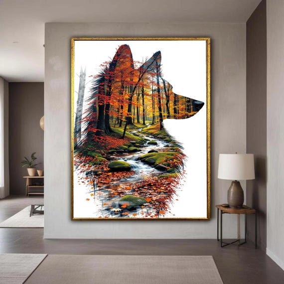 Autumn Forest Stream Double Exposure Canvas Fox Silhouette Wall Art Nature Landscape Fall Foliage Home Decor Gift