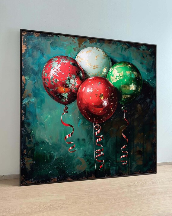 Festive Christmas Balloons in Red Green and White Holiday Poster Art