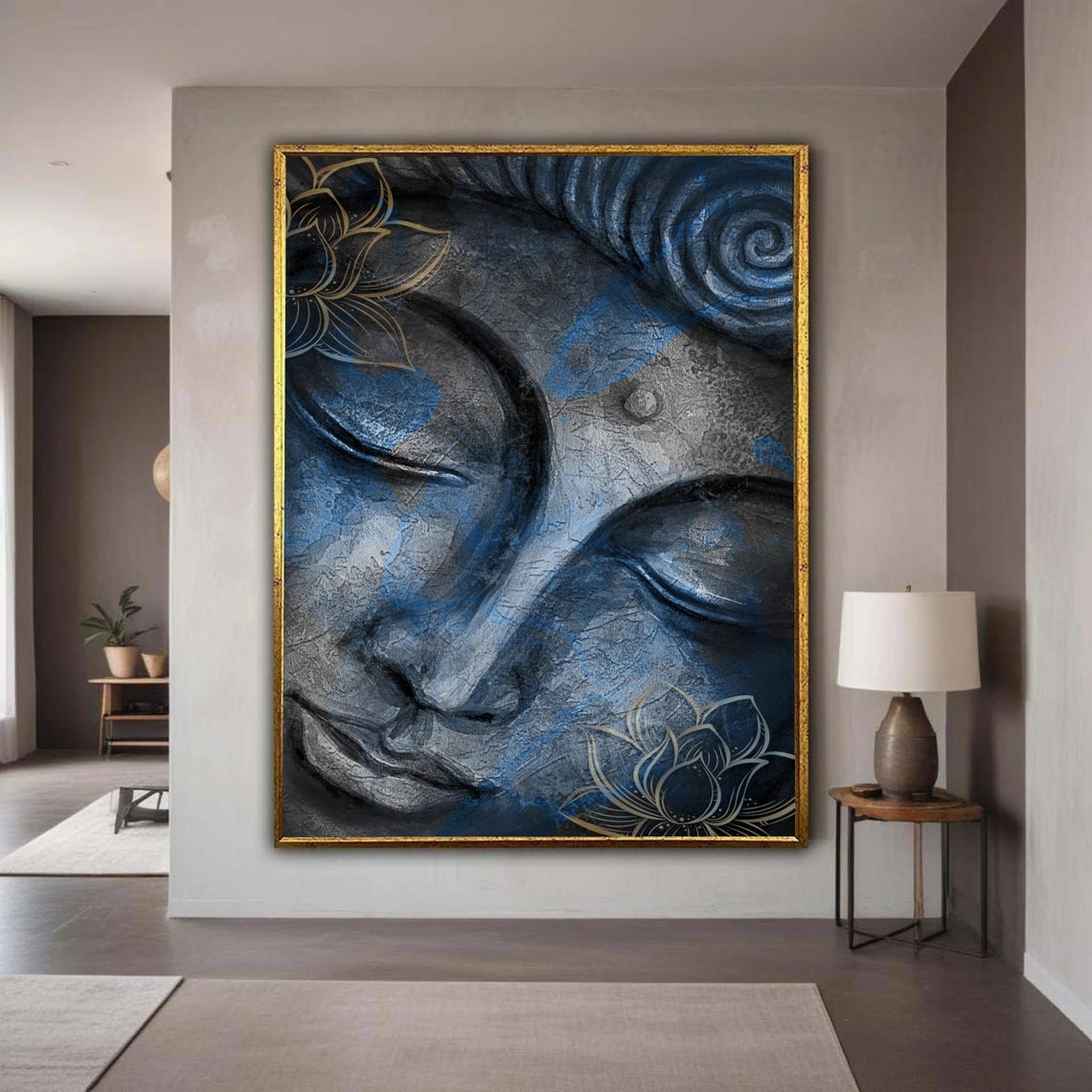 Tranquil Buddha Face Canvas Wall Art Abstract Blue And Gray Meditation Decor Spiritual Zen Artwork Flower Gift Home