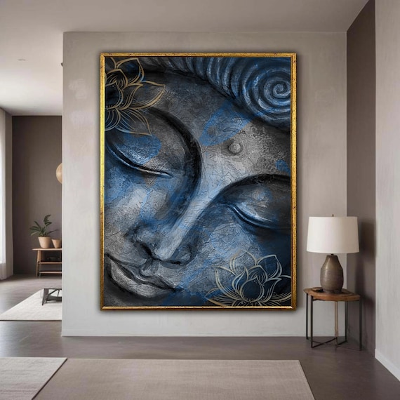 Tranquil Buddha Face Canvas Wall Art Abstract Blue And Gray Meditation Decor Spiritual Zen Artwork Flower Gift Home