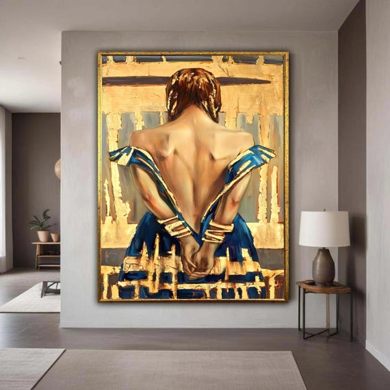 Elegant Woman Back View Canvas Blue Gold Dress Wall Art Modern Figurative Painting Glamorous Female Portrait Gift Home Decor
