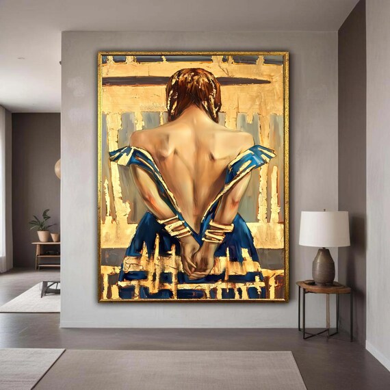 Woman Blue Dress Bare Back Gold Leaf Elegant Figurative Art Print