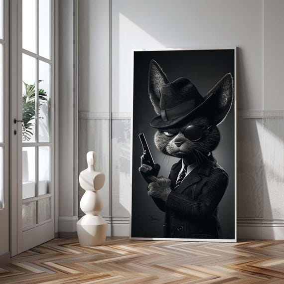 Gangster Noir Bunny With Gun Art Print Black White Rabbit Illustration Cool Detective Wall Decor Ready To Hang Poster