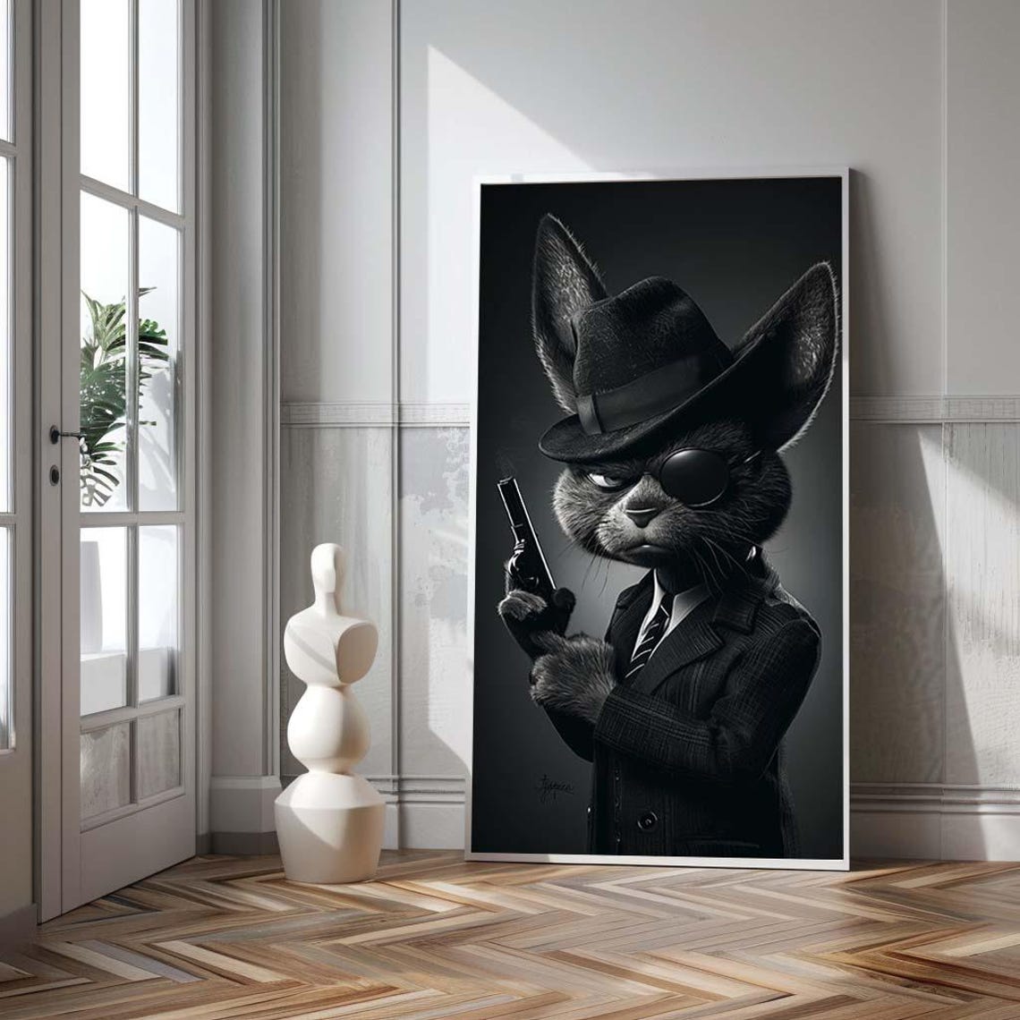 Gangster Bunny Noir Suit Fedora Black and White Cool Art Poster
