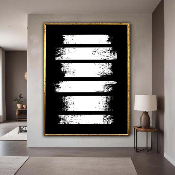 Minimalist Black And White Stripes Canvas Modern Abstract Wall Art Grunge Monochrome Home Decor Ready To Gift