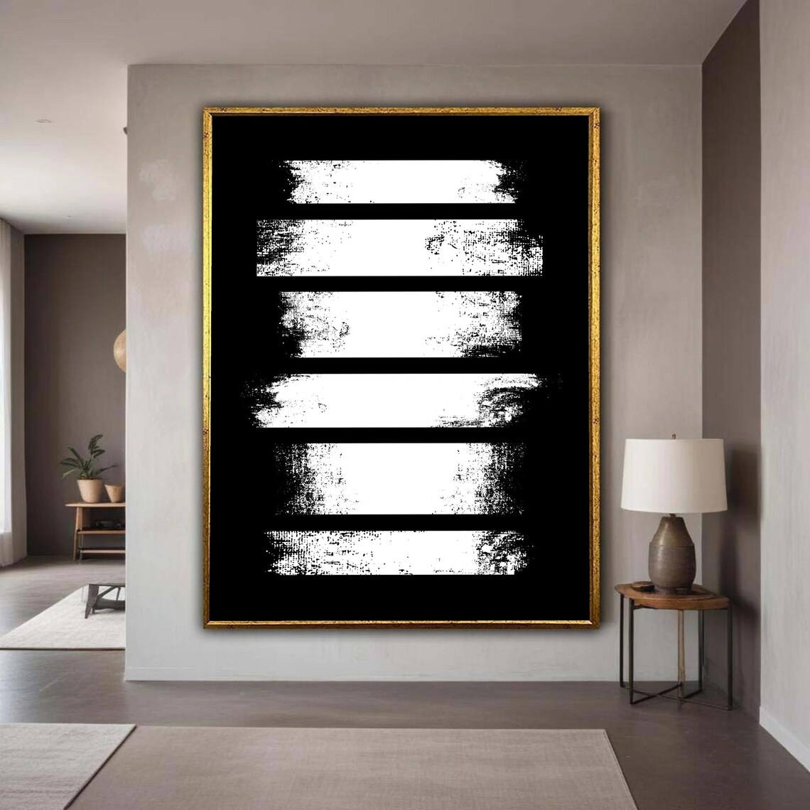 Minimalist Black And White Stripes Canvas Modern Abstract Wall Art Grunge Monochrome Home Decor Ready To Gift