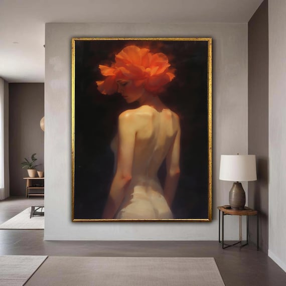 Elegant Nude Woman Orange Flower Headpiece Dark Fine Art Poster