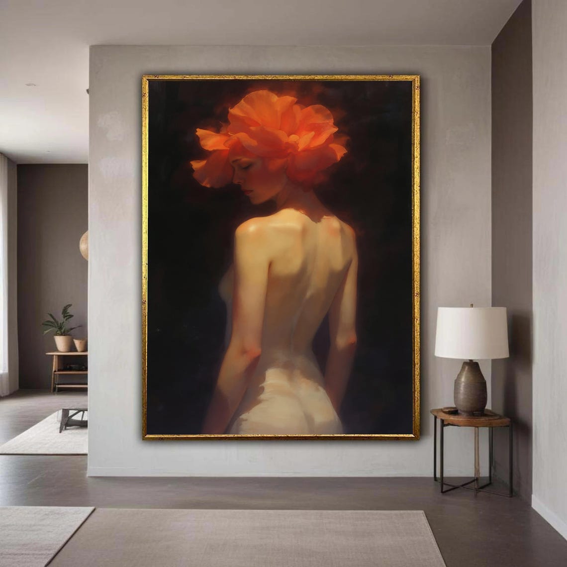 Elegant Nude Woman Orange Flower Headpiece Dark Fine Art Poster