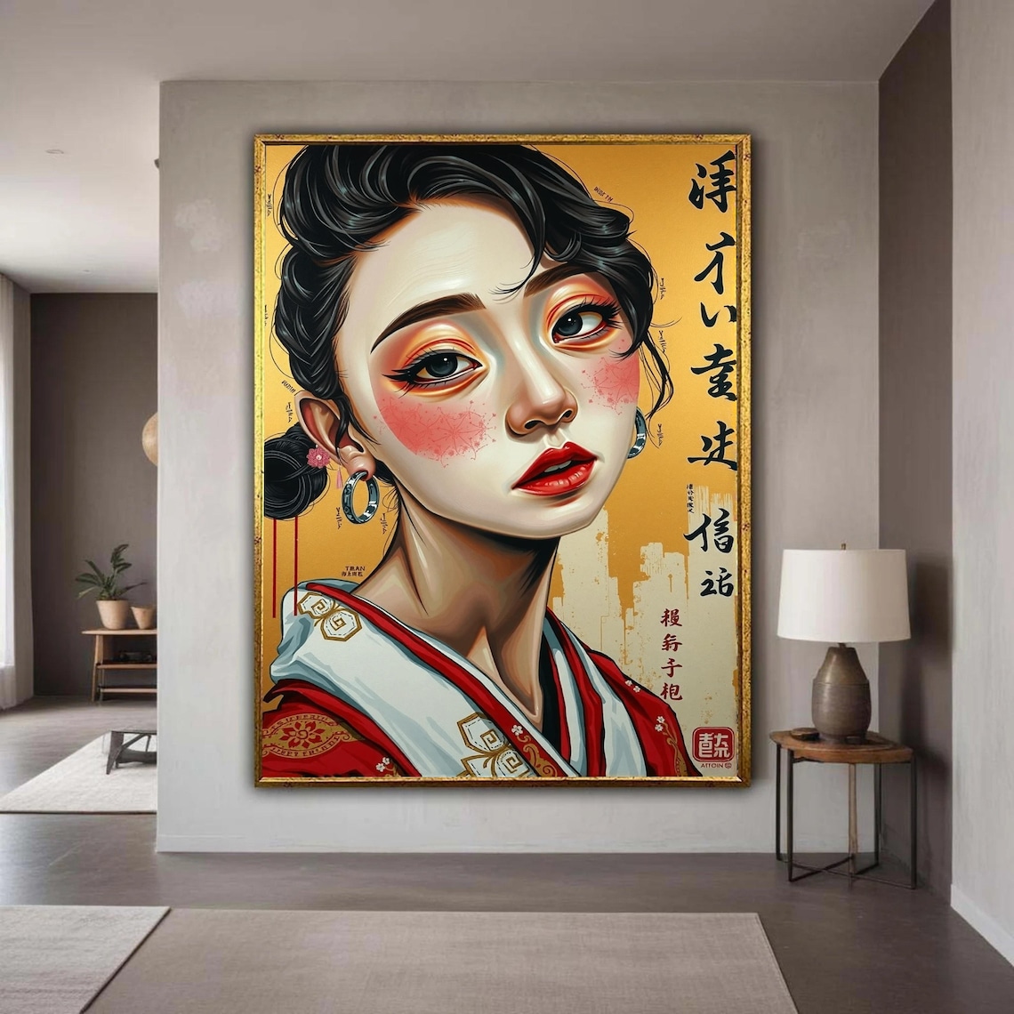Modern Geisha Portrait Red Kimono Gold Background Asian Art Poster