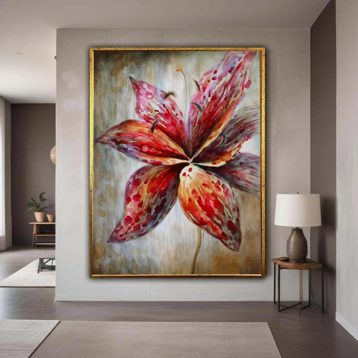 Abstract Red Lily Bloom Watercolor Closeup Vibrant Floral Poster