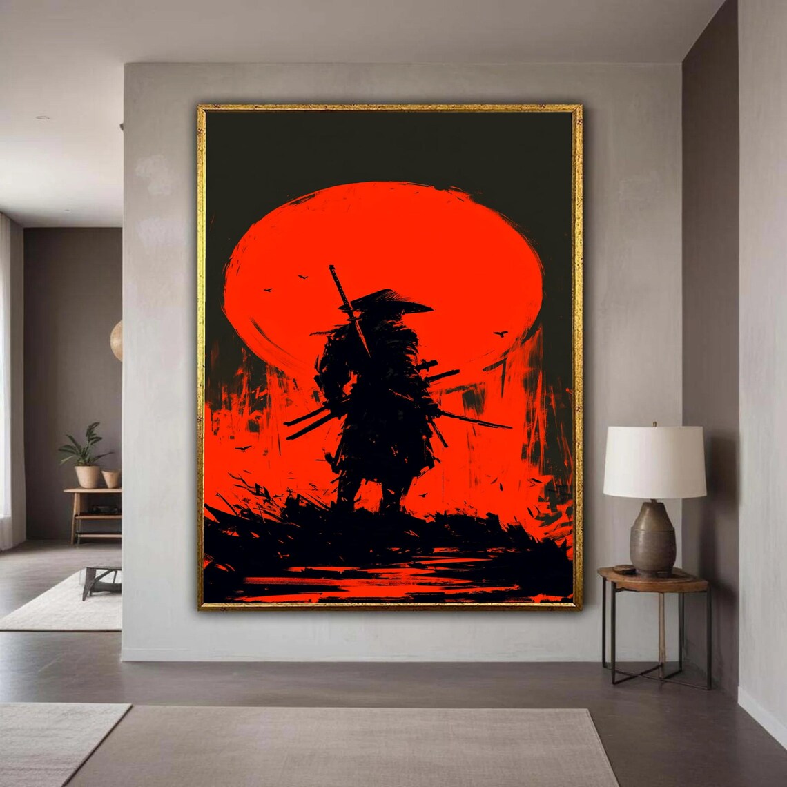 Samurai Warrior Silhouette Against Giant Red Sun Ink Style Poster