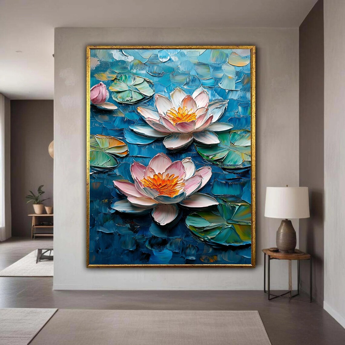 Water Lilies Impasto Blue Pond Pink Blossoms Oil Painting Poster