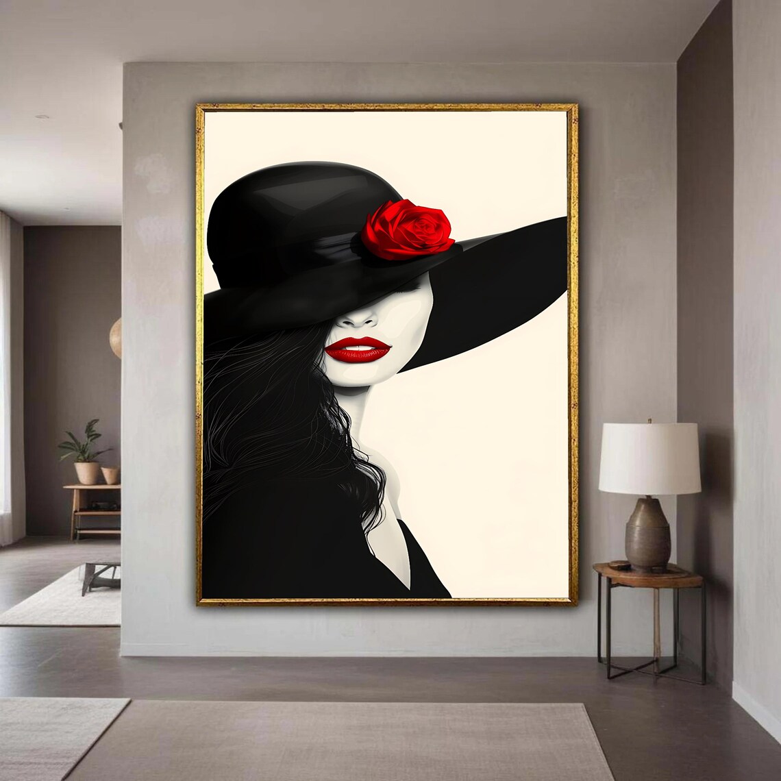 Mysterious Woman Black Hat Red Rose Fashion Illustration Poster