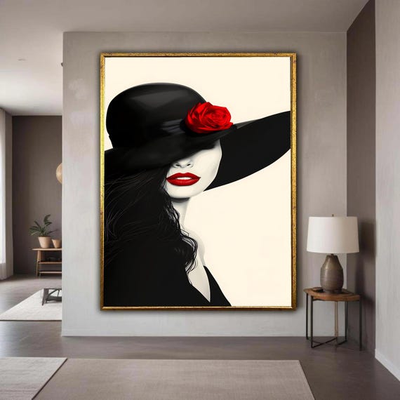 Elegant Woman With Black Hat And Red Rose Canvas Fashion Portrait Wall Art Glamorous Lady Illustration Modern Home Gift Decor