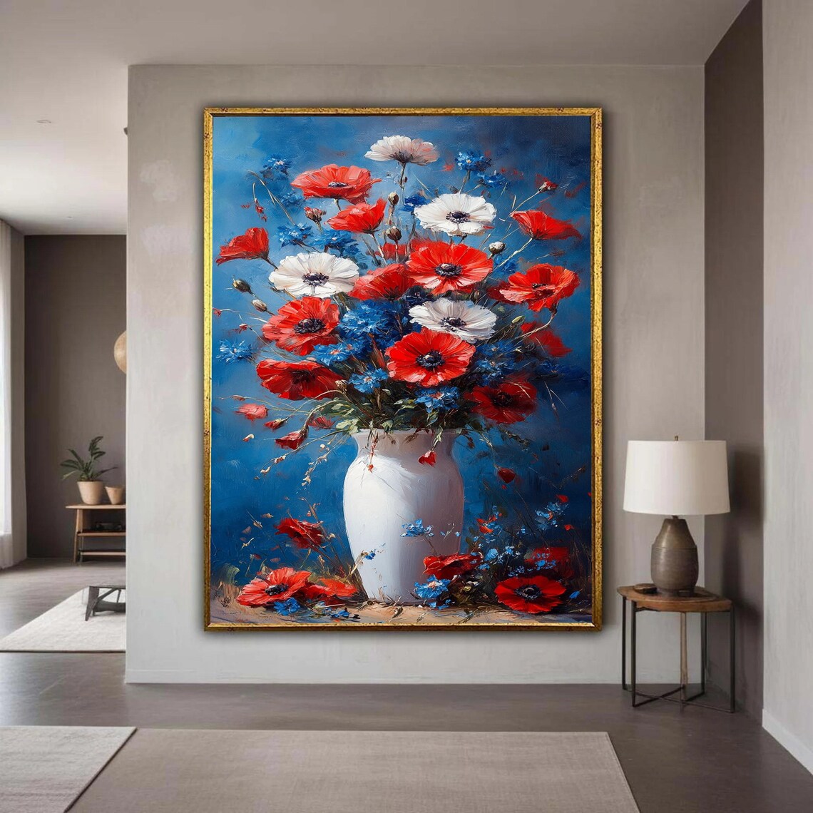 Red White Blue Poppies White Vase Patriotic Floral Painting Poster