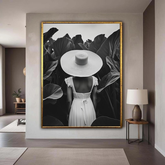 Woman in Sun Hat Black and White Tropical Leaves Photography Poster