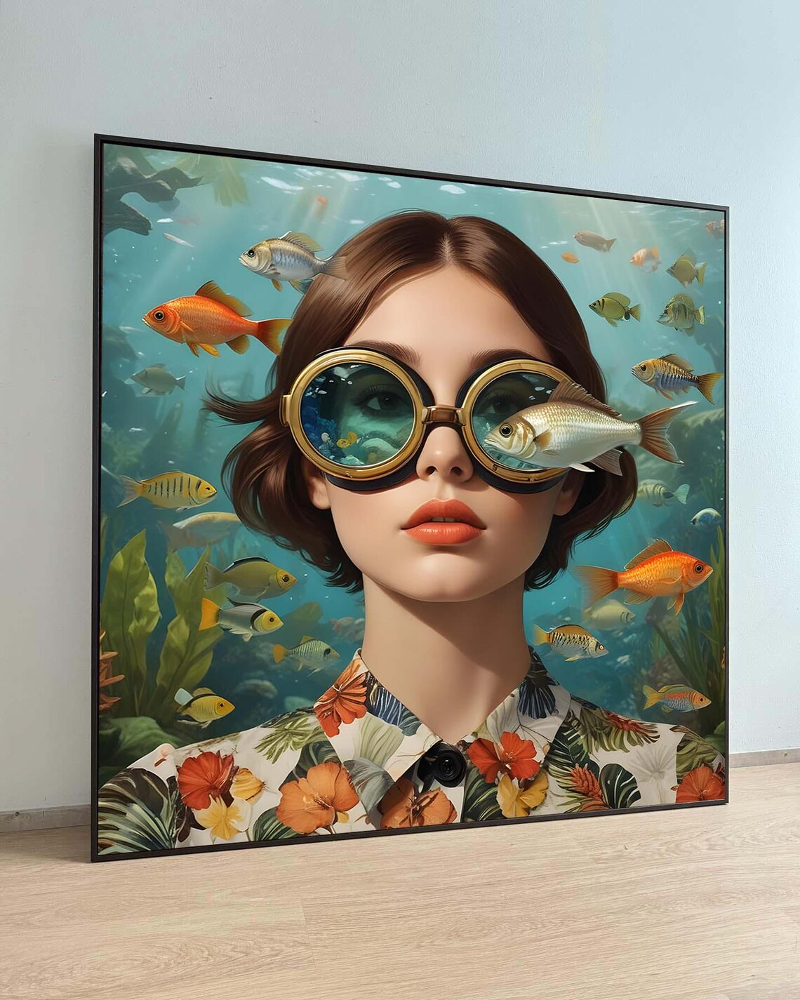 Surreal Woman With Fish, Whimsical Aquatic Art Print