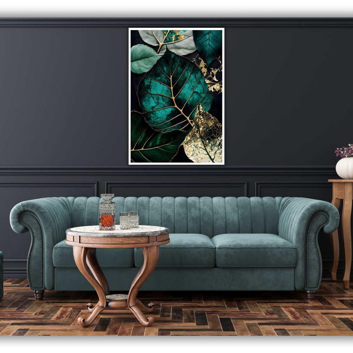 Emerald Green Gold Tropical Leaves On Black Luxe Botanical Wall Poster - Image 4