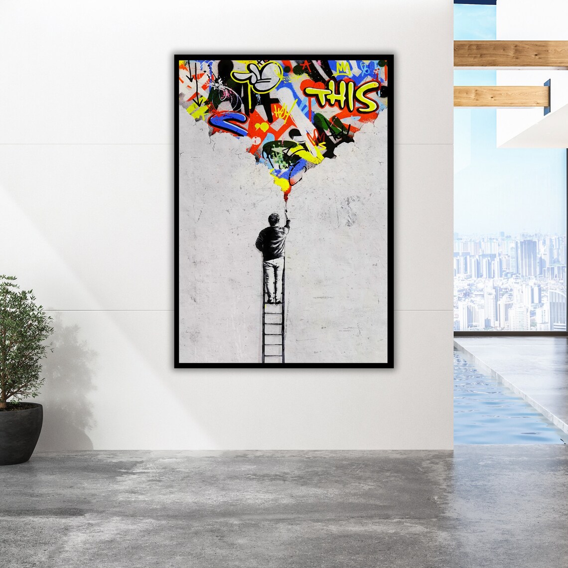 Man on Ladder Painting Graffiti Sky Banksy Style Urban Poster - Image 5