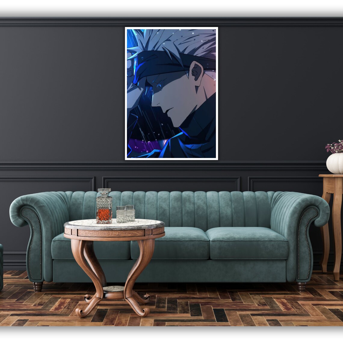 Satoru Gojo Jujutsu Kaisen Neon Blue Night Rain Anime Art Wall Poster - Image 3