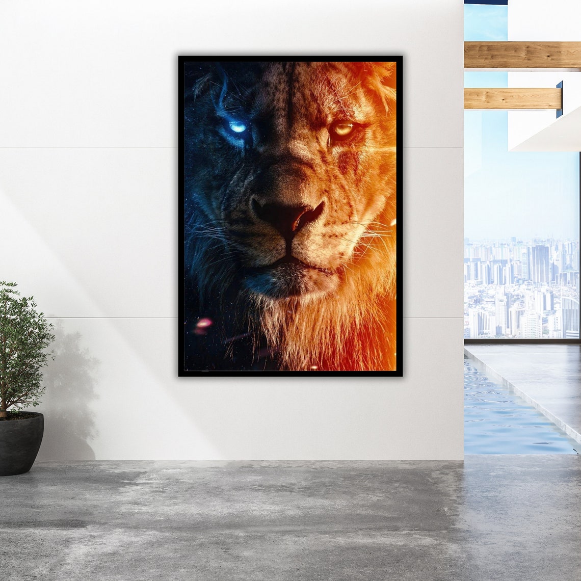 Lion Fire And Ice Split Portrait Blue Orange Eyes Wildlife Poster - Image 4