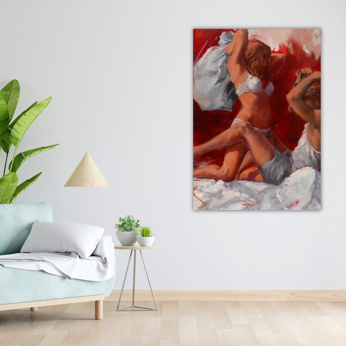 Pillow Fight Bedroom Oil Painting Playful Red Lingerie Art Poster - Image 4