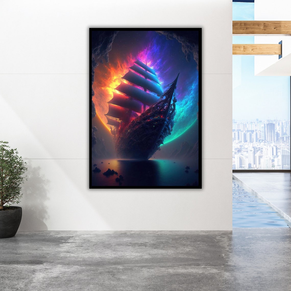 Ghost Ship Cosmic Nebula Fiery Galaxy Voyage Fantasy Ocean Poster - Image 3