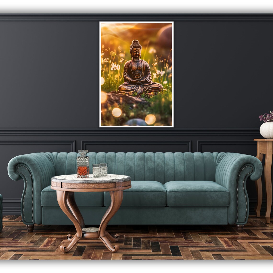 Bronze Buddha Statue Garden Golden Sunset Meadow Zen Wall Art Poster - Image 4