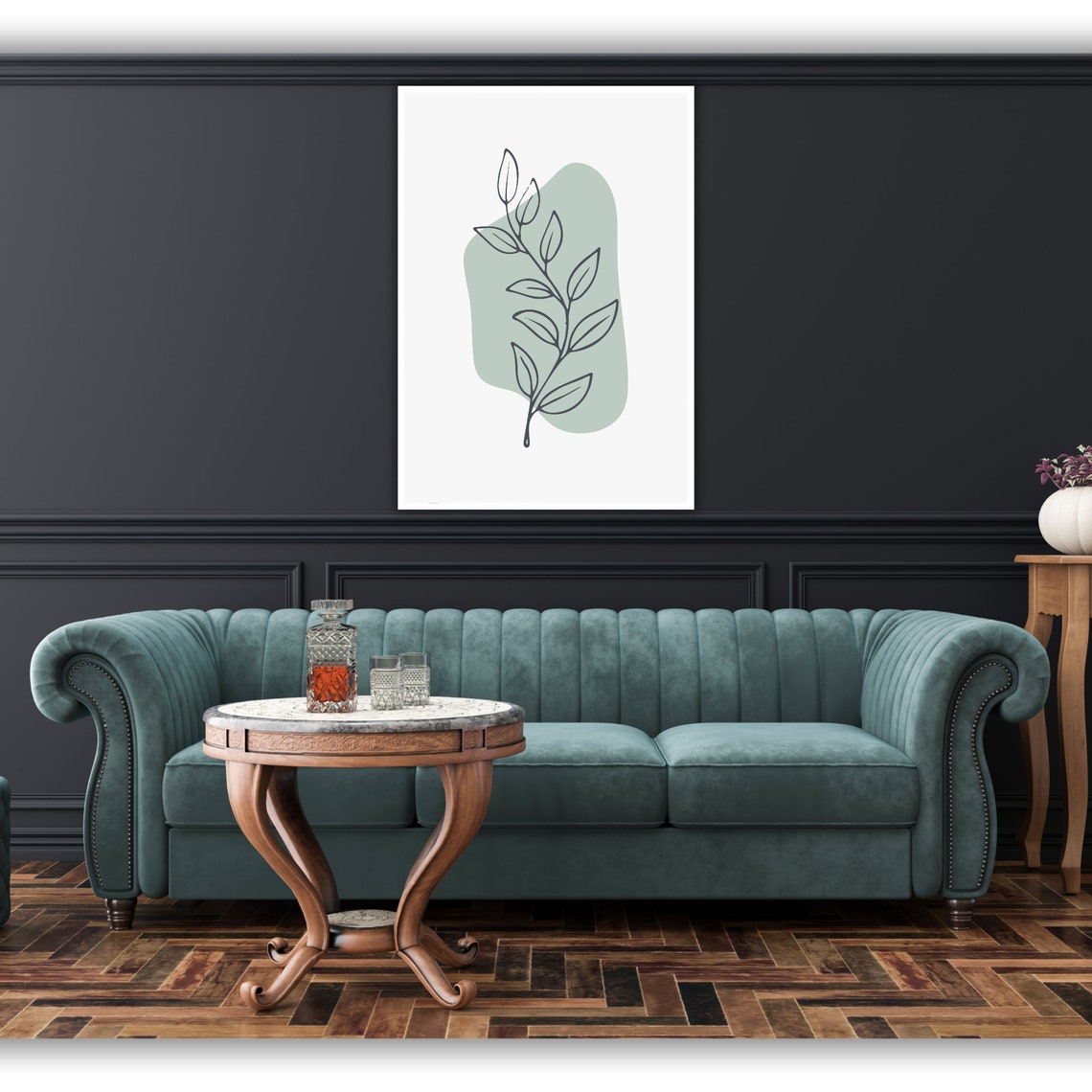 Minimalist Sage Green Leaf Branch Line Art Botanical Wall Poster - Image 2