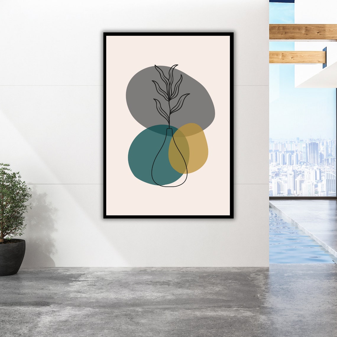 Botanical Vase Line Art Teal Gold Circles Modern Decor Poster - Image 2