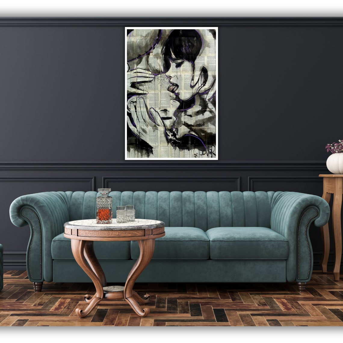 Kissing Couple Ink Sketch Newspaper Collage Black White Art Poster - Image 4
