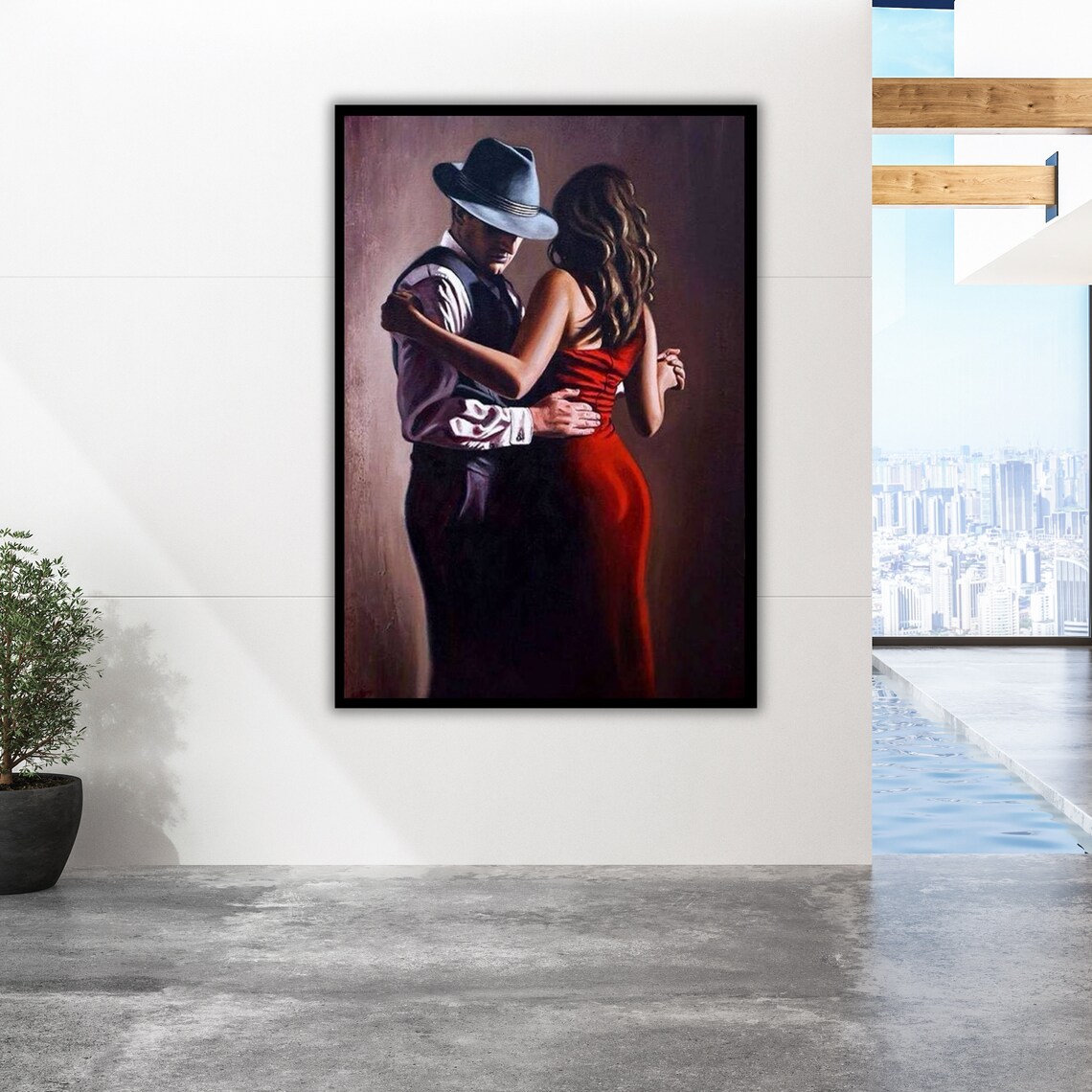 Romantic Dance Couple Fedora Red Dress Vintage Style Oil Art Poster - Image 2