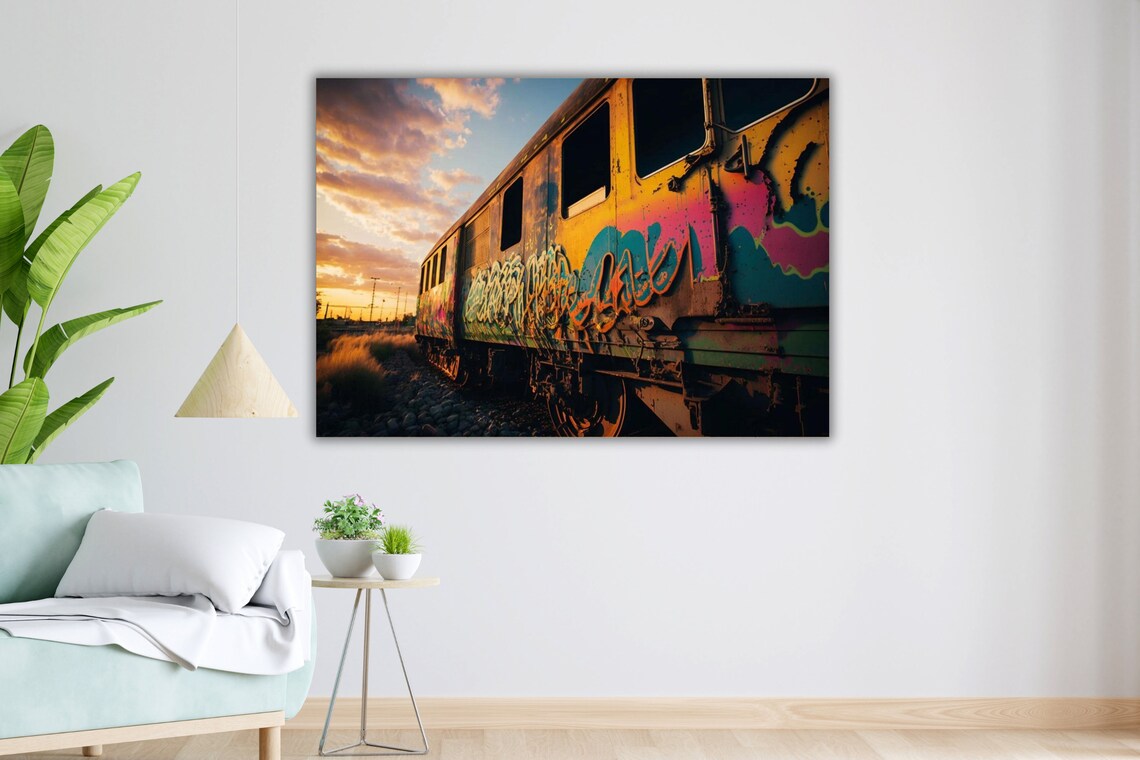 Graffiti Train Cars Sunset Golden Hour Urban Street Photo Poster