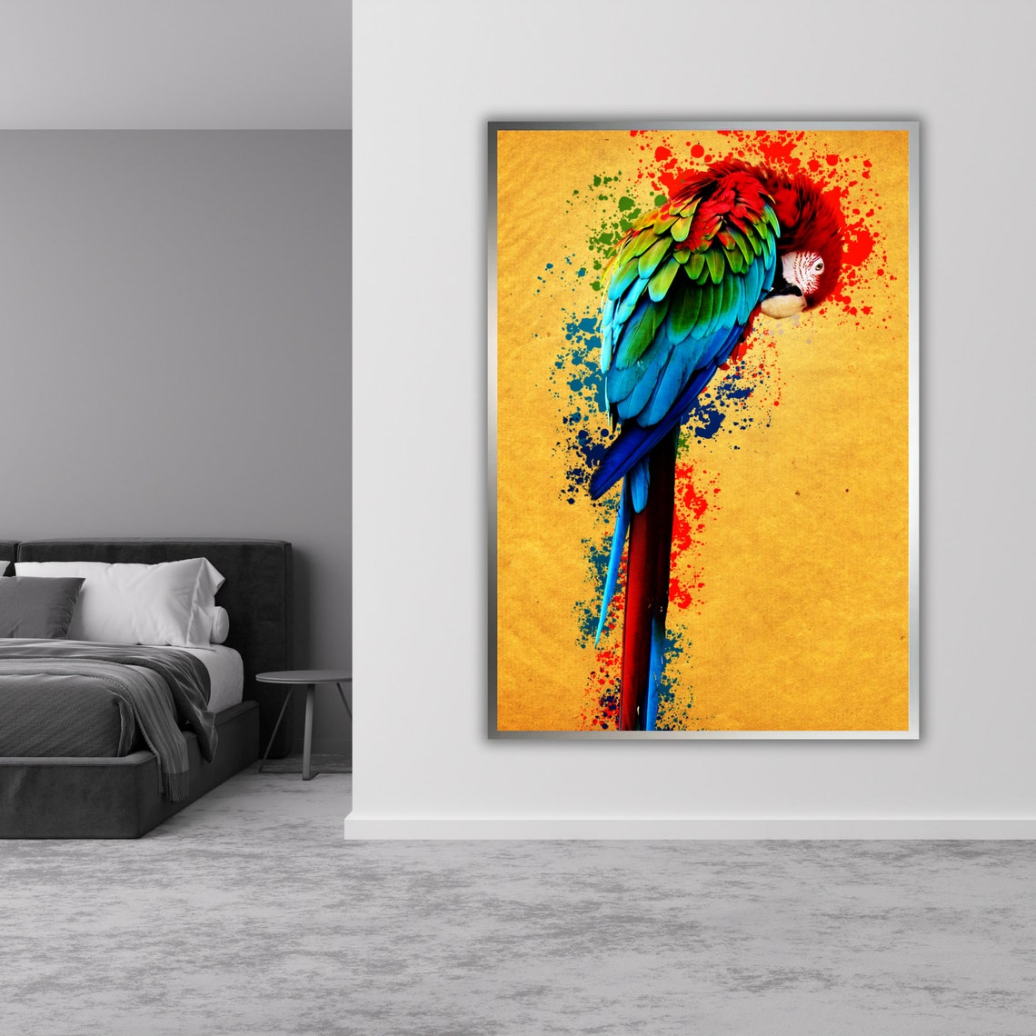Colorful Macaw Parrot On Golden Background Paint Splash Art Poster - Image 3