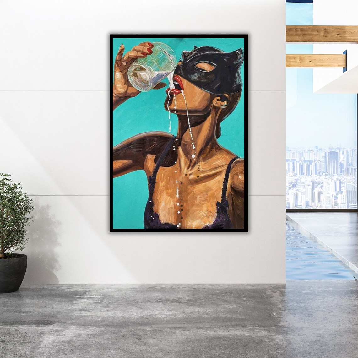 Cat Woman Drinking Milk, Modern Home Art Print - Image 2