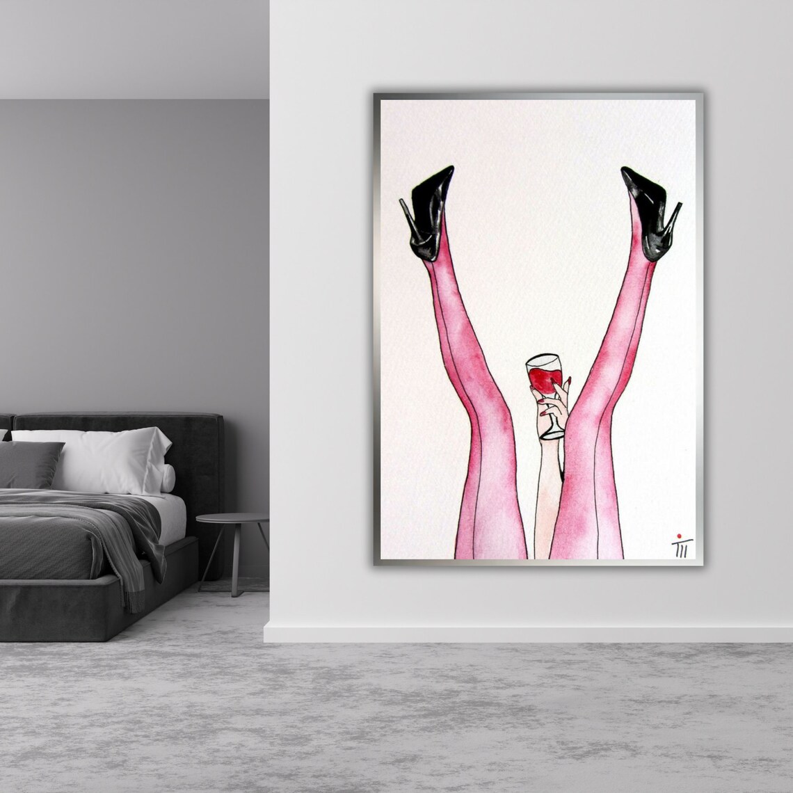 Pink Stockings Legs Heels Wine Glass Whimsical Watercolor Art Wall Poster - Image 4