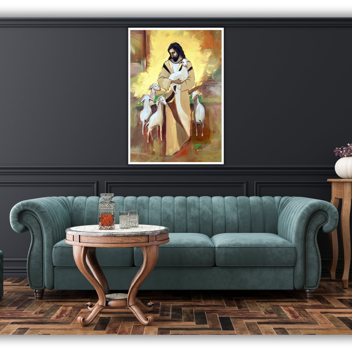 Jesus Good Shepherd White Lamb Sheep Golden Warm Art Print Poster - Image 4