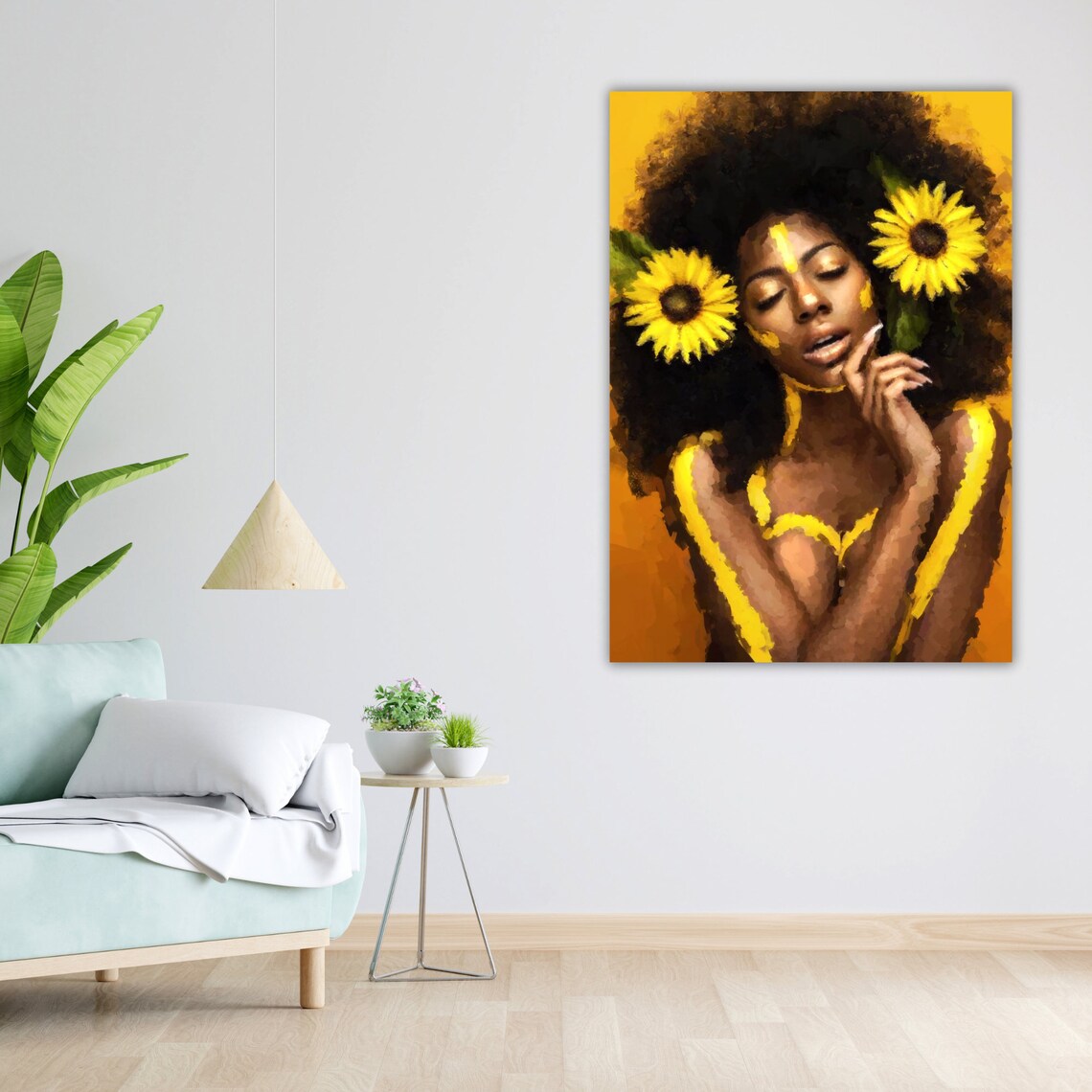 Golden Sunflower Woman Afro Hair Radiant Yellow Portrait Art Poster - Image 5