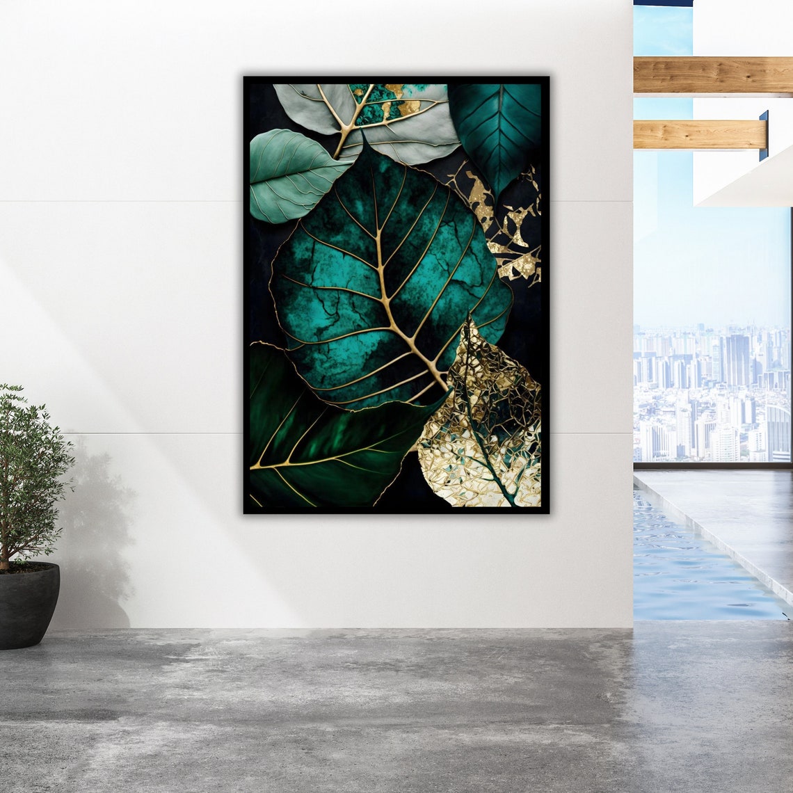 Emerald Green Gold Tropical Leaves On Black Luxe Botanical Wall Poster - Image 2
