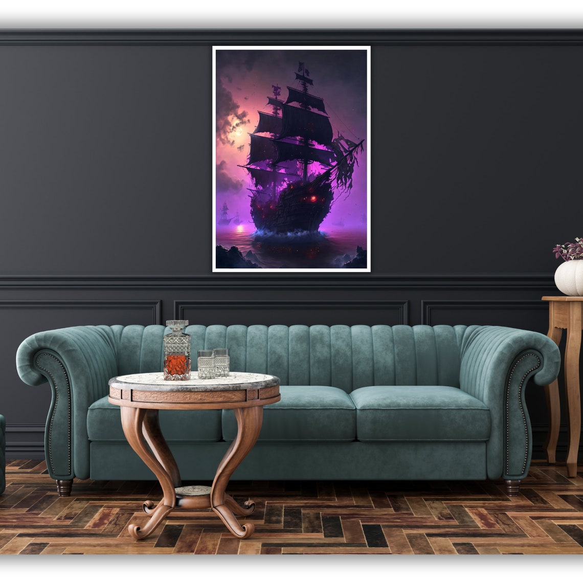 Ghost Pirate Ship Purple Moonlight Haunted Night Ocean Voyage Poster - Image 2