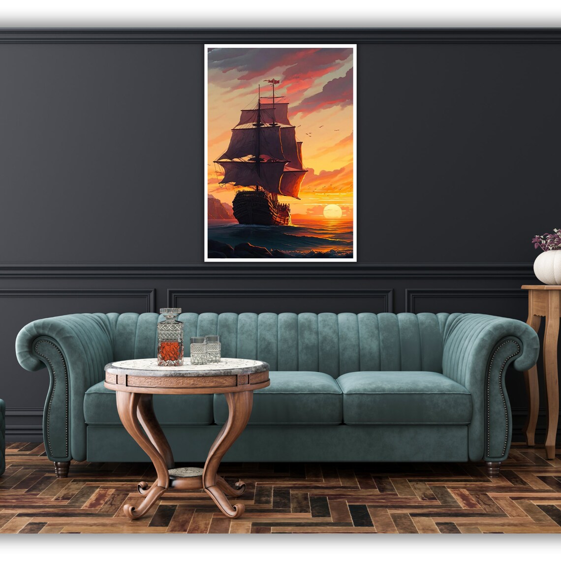 Framed Print Sunrise Ship Ready To Hang Wall Art Nautical Decor Seascape Painting - Image 2