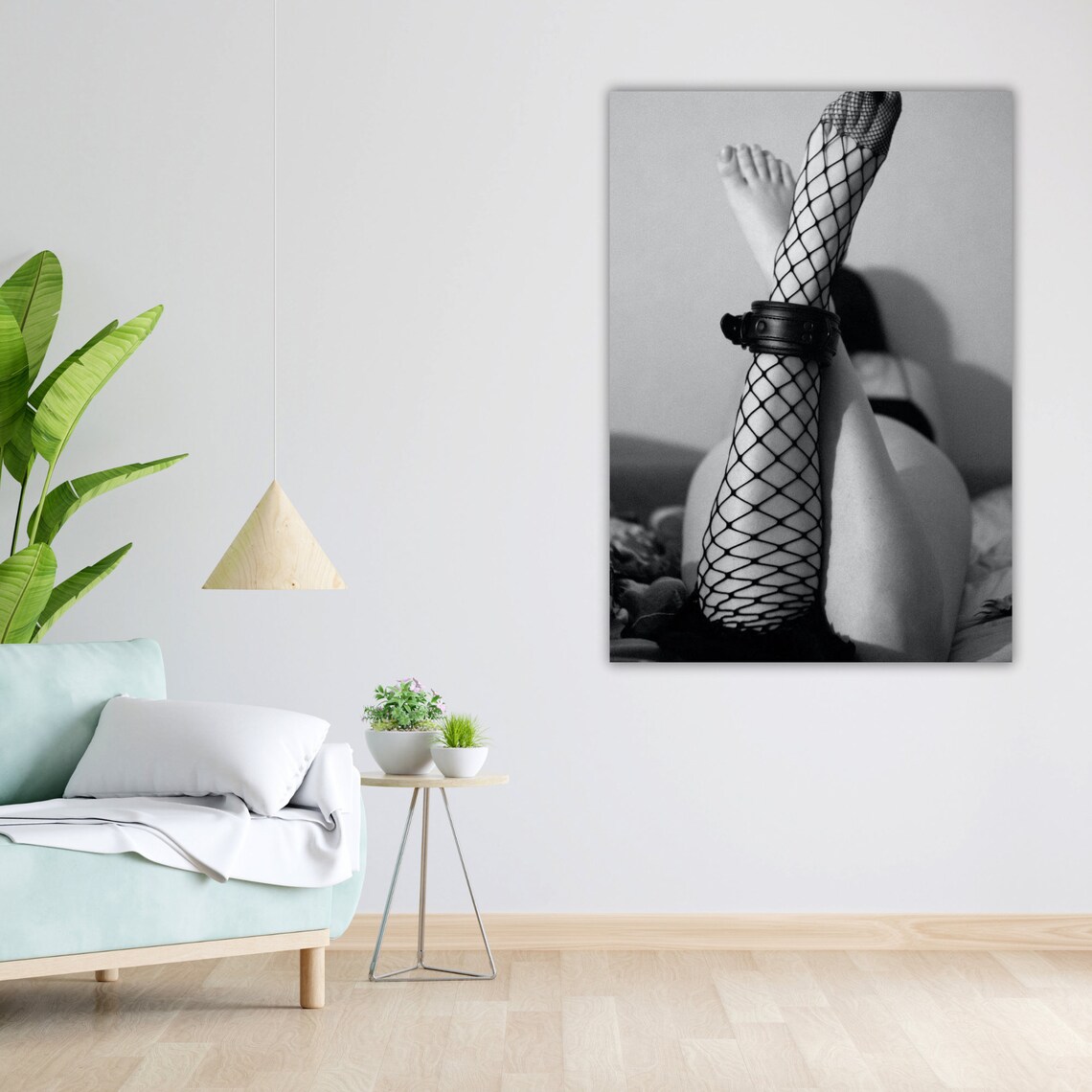 Woman Fishnet Stockings Leather Cuff Moody Black White Art Poster - Image 4