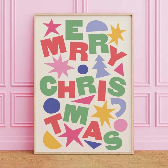 Abstract Merry Christmas Print Art Colorful Christmas Decor Cute Holiday Wall Art Trendy Christmas Wall Art
