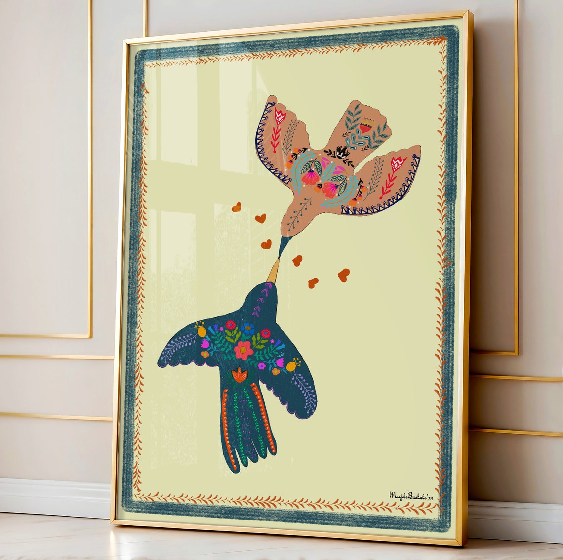 Two Birds Kissing In Floral Pattern Romantic Love Nursery Poster - Image 3