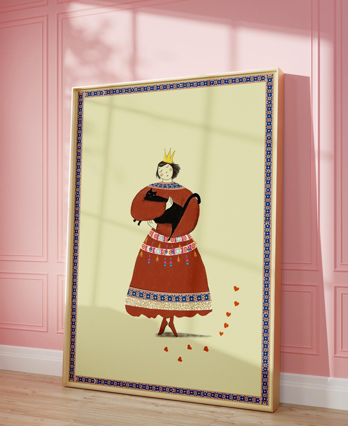 Crown Princess Girl Holding Black Cat Folk Art Nursery Poster - Image 2