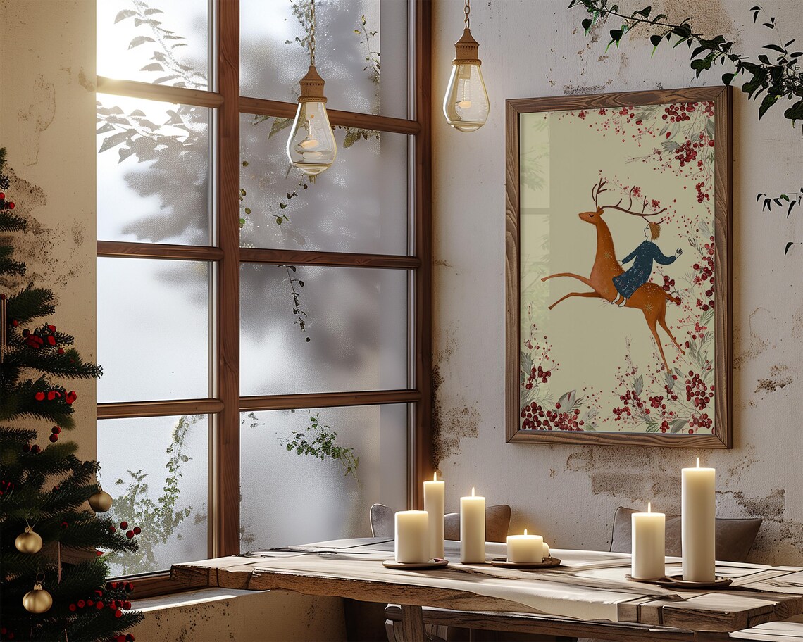 Girl Riding Leaping Christmas Reindeer Among Red Berries Holiday Poster - Image 2